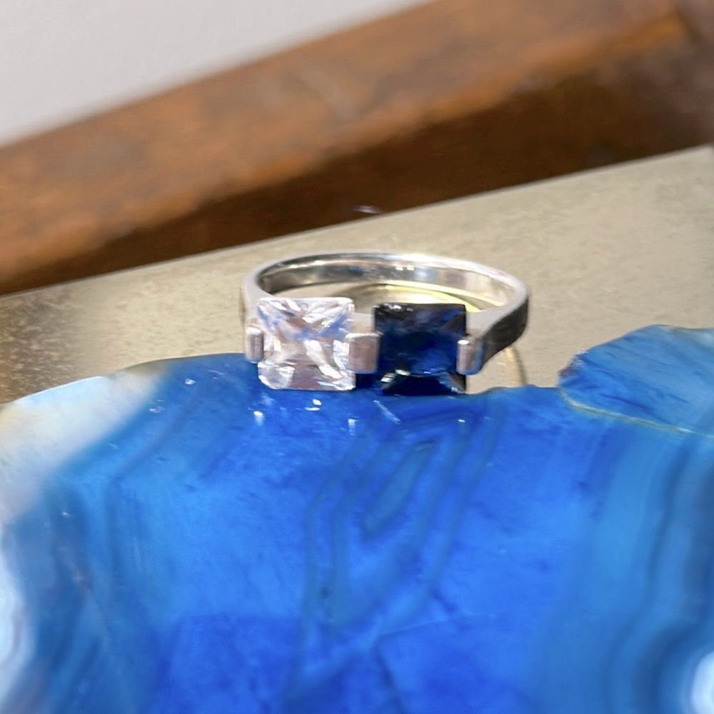Sterling Silver Vintage Minimalist Ring with Blue and Clear Stones